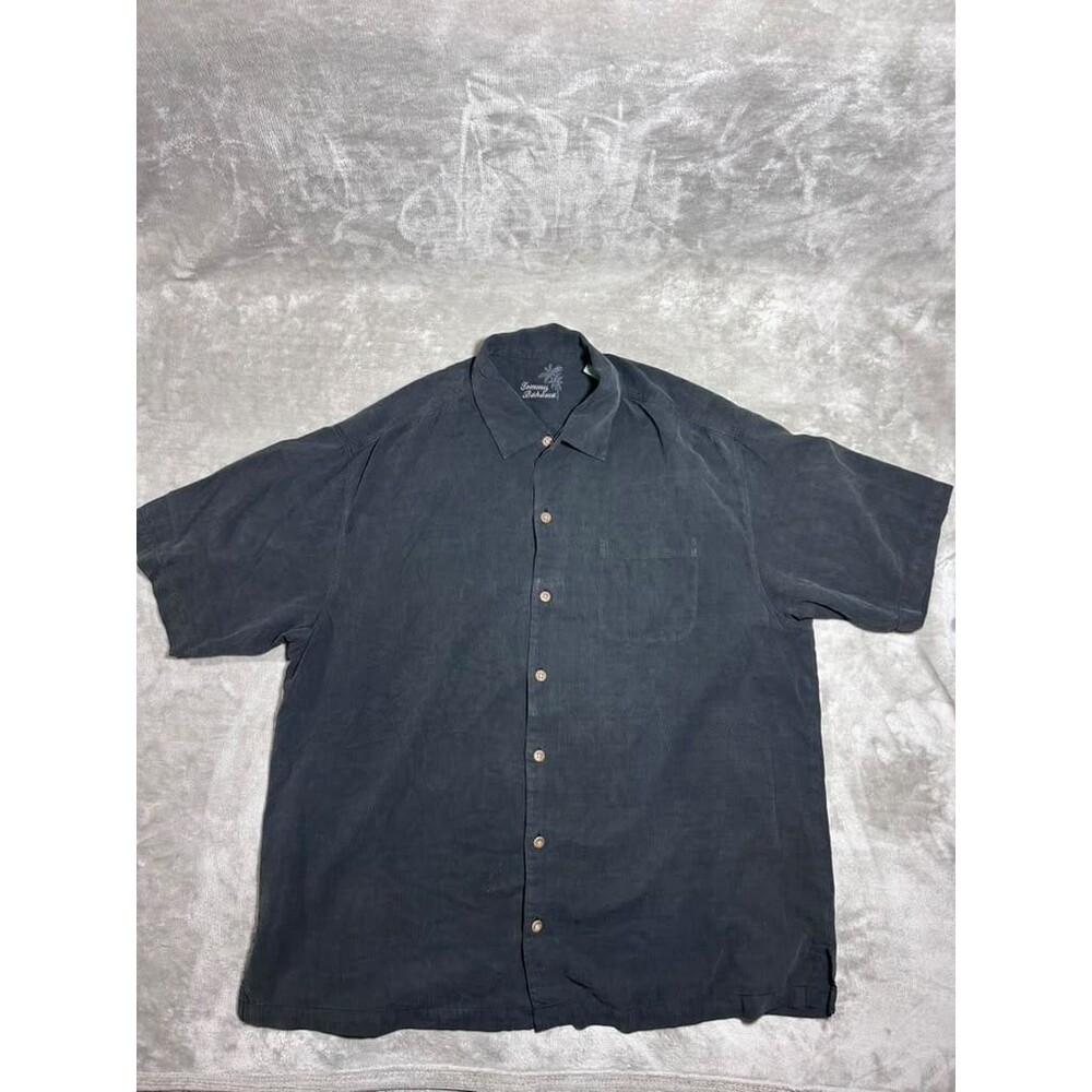 Tommy Bahama Silk Button Up Shirt Men Extra Large XL Tall Black Embroidered